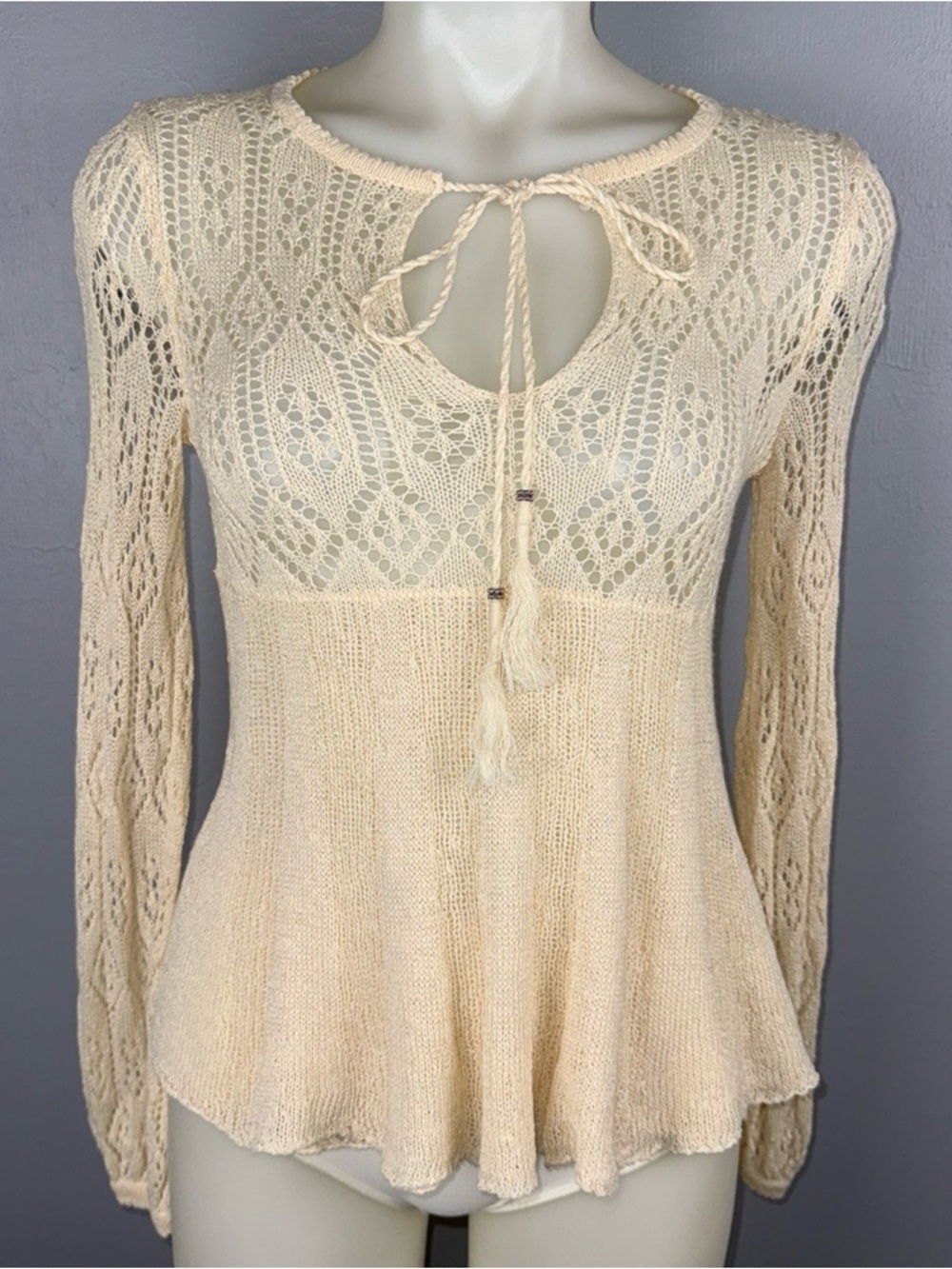 Free People Babydoll Top Small Ivory Angel Days Crochet Knit Bohemian Y2K *READ